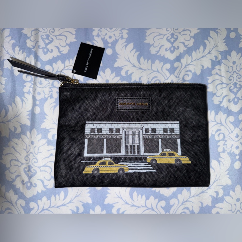 Saks Fifth Avenue Black Small Makeup Bag with Yellow Taxi Design
